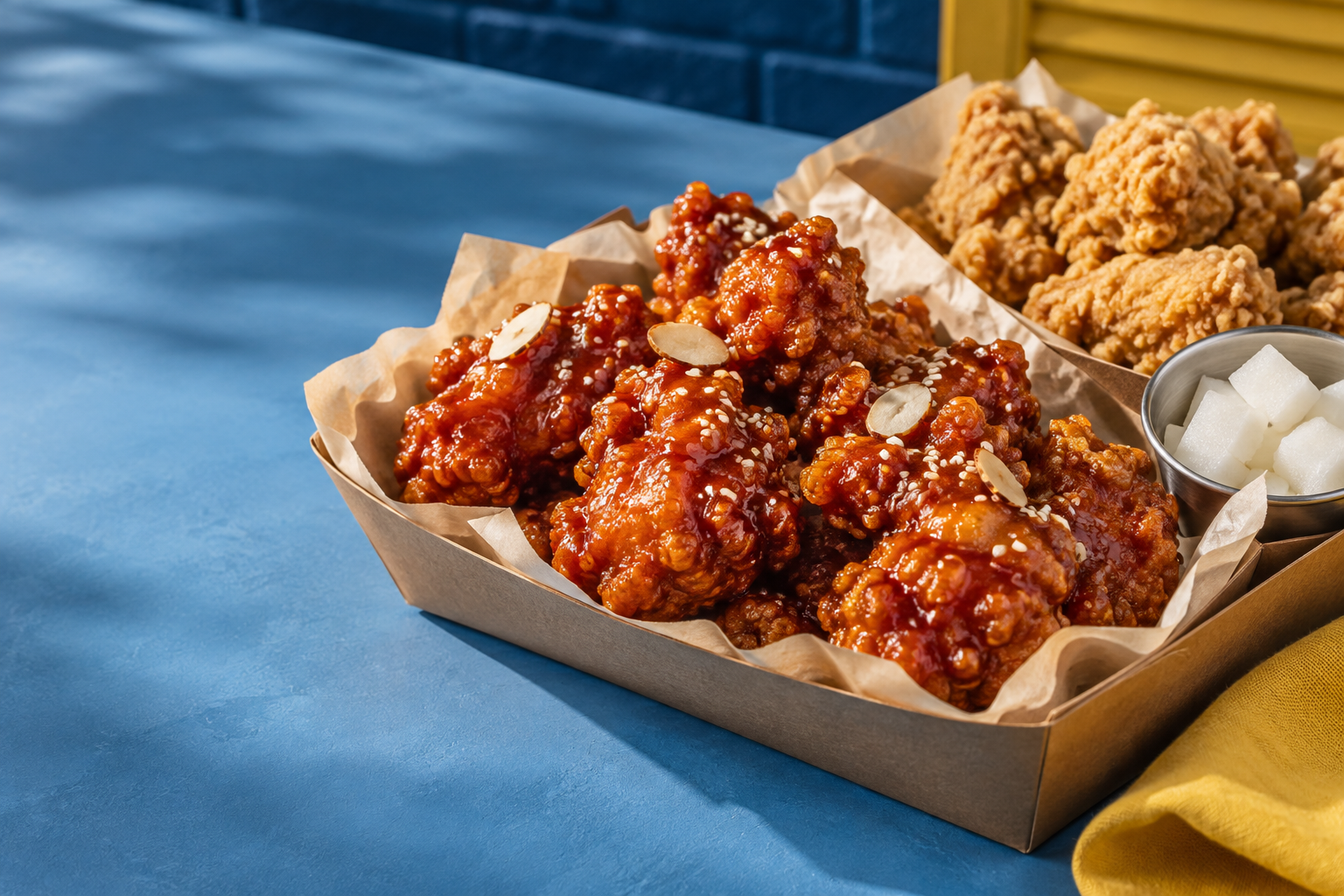 Illustrative glazed Korean fried chicken still life; not a photograph of Peeps Kitchen food.